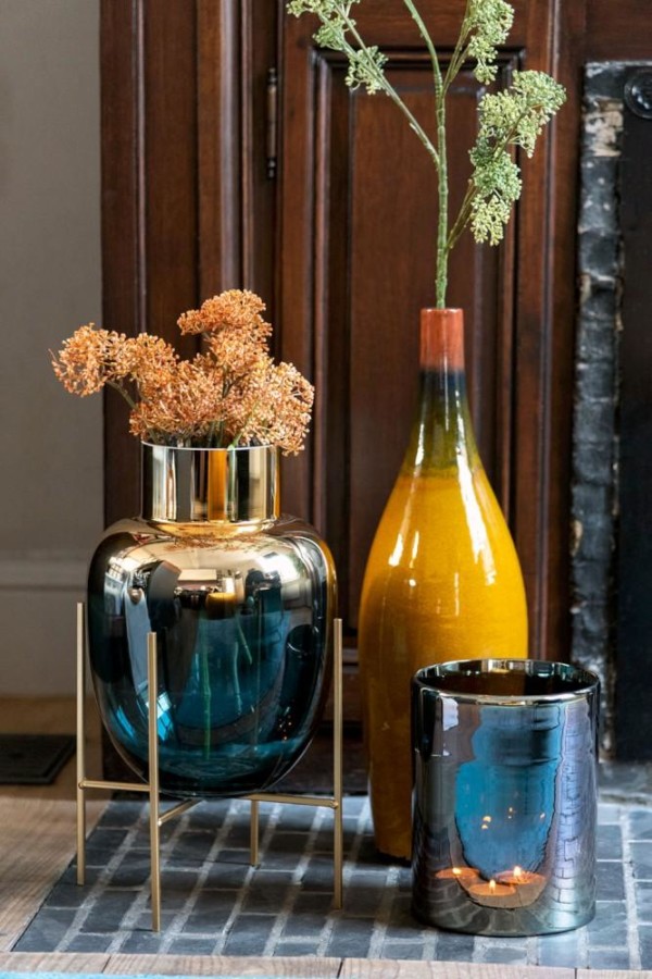 Vase en Verre Turquoise/Or sur Pied Large